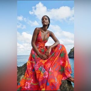 FARM Rio Good Vibes Red V Neck Maxi Dress Small NWOT